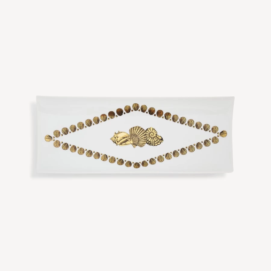 Fornasetti Rectangular Tray Giro Di Conchiglie in White, Black & Gold - Decorative Shell Design Serving Tray