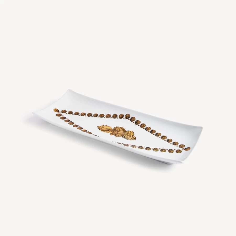 Fornasetti Rectangular Tray Giro Di Conchiglie in White, Black & Gold - Decorative Shell Design Serving Tray