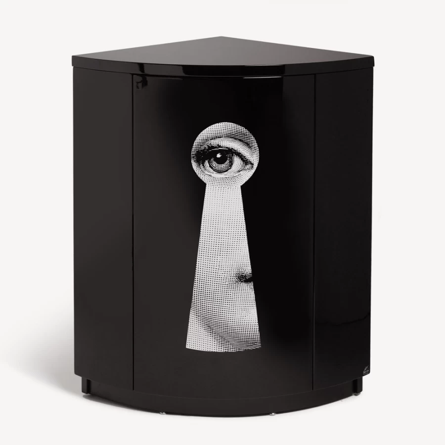 Fornasetti White and Black Corner Cabinet with Serratura Design | Stylish Storage Solution