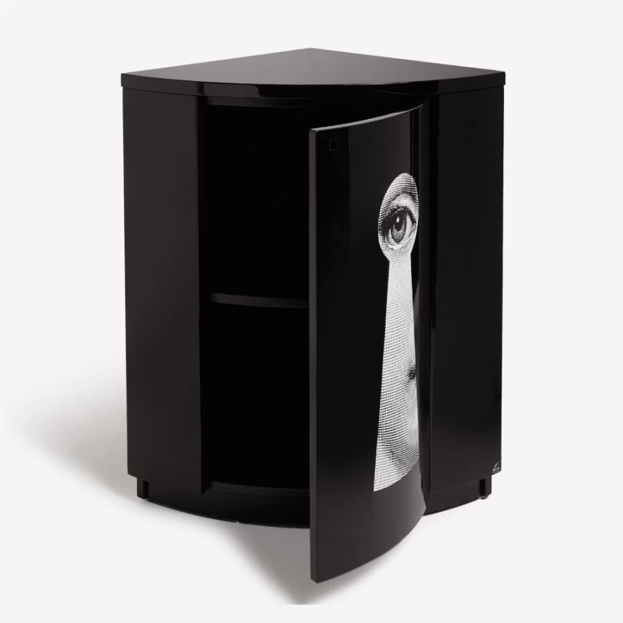 Fornasetti White and Black Corner Cabinet with Serratura Design | Stylish Storage Solution