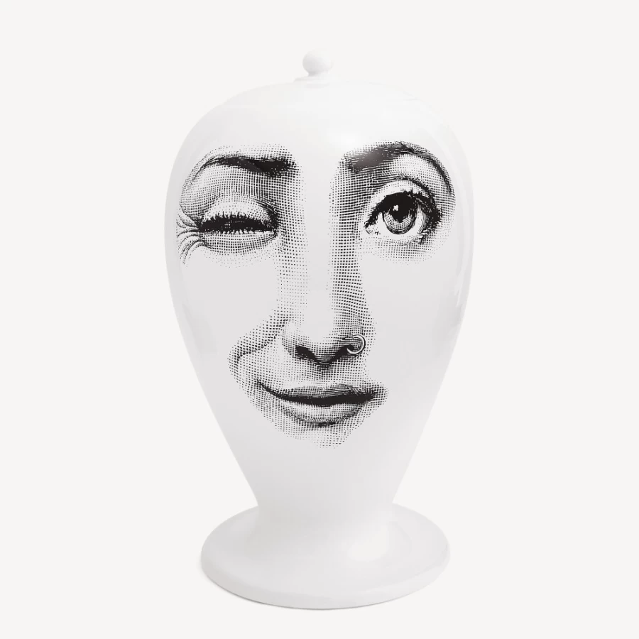 Fornasetti White and Black Ceramic Vase with Piercing Design - Elegant Home Decor