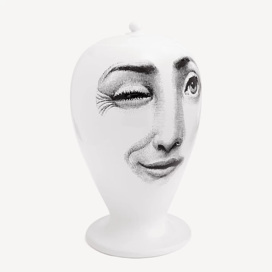 Fornasetti White and Black Ceramic Vase with Piercing Design - Elegant Home Decor