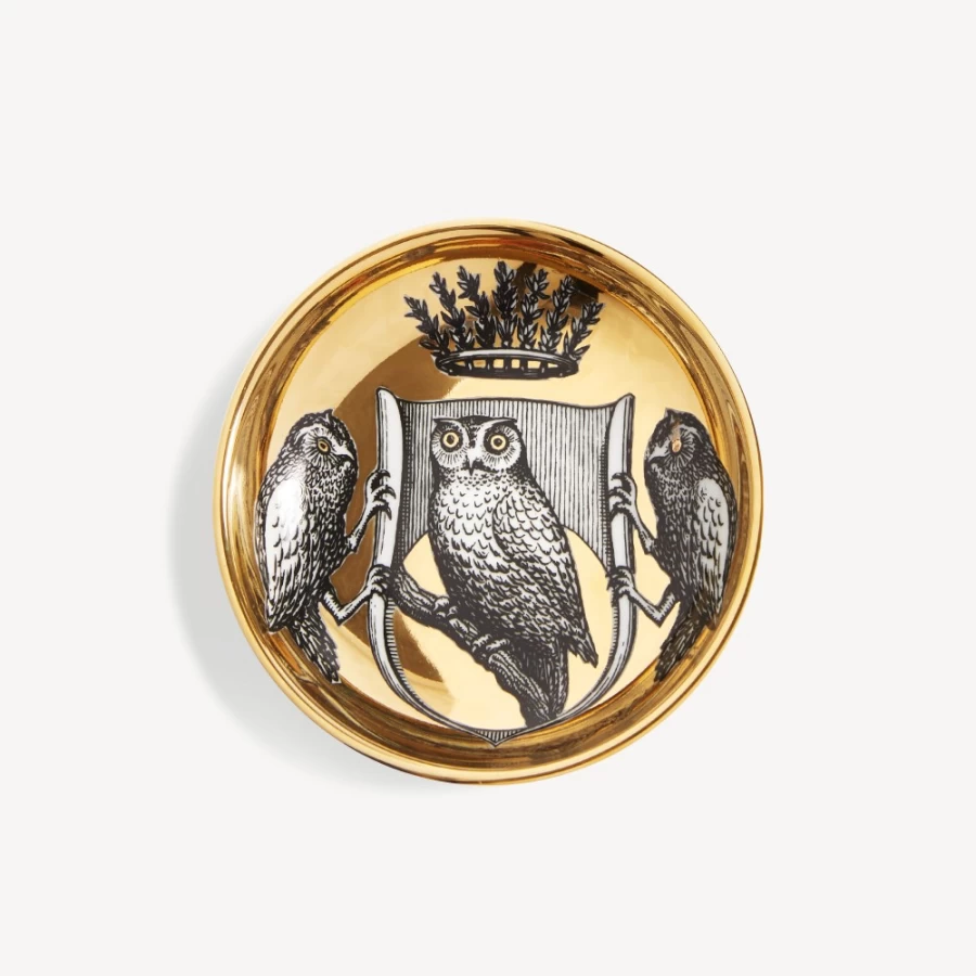 Fornasetti Stemma Di Civette Ashtray - White, Black & Gold Ceramic Collectible