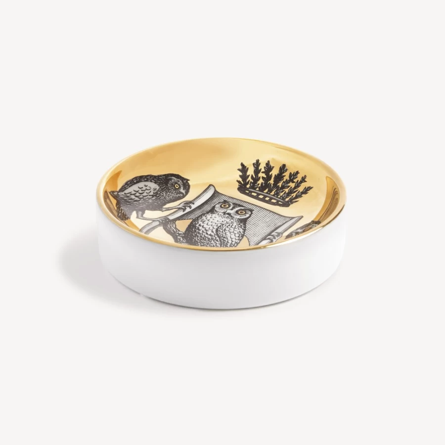Fornasetti Stemma Di Civette Ashtray - White, Black & Gold Ceramic Collectible