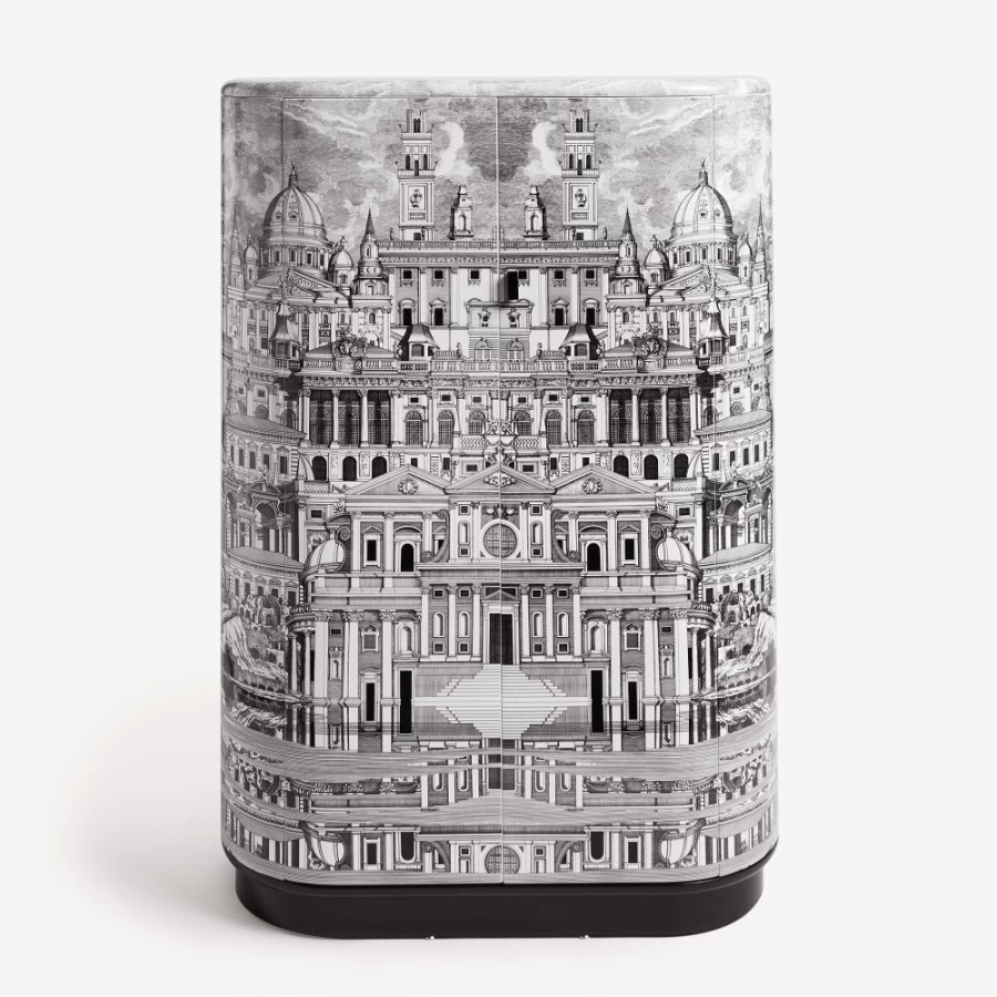 Fornasetti White and Black Curved Mirror Cabinet "Citta Che Si Rispecchia"