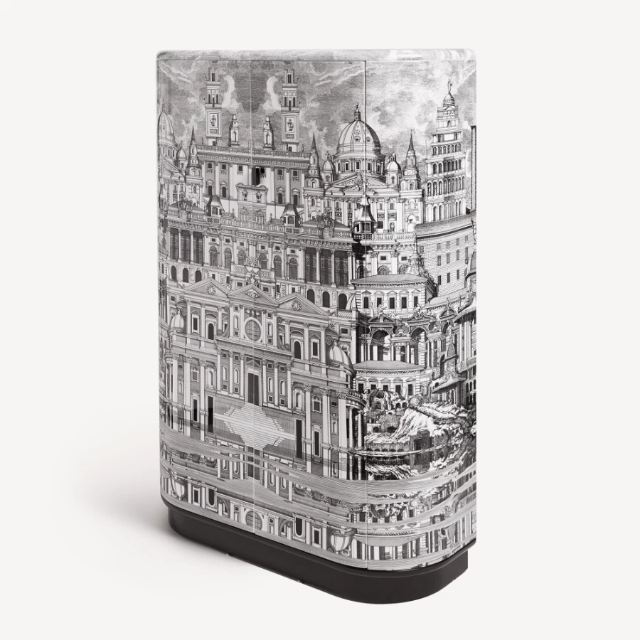Fornasetti White and Black Curved Mirror Cabinet "Citta Che Si Rispecchia"