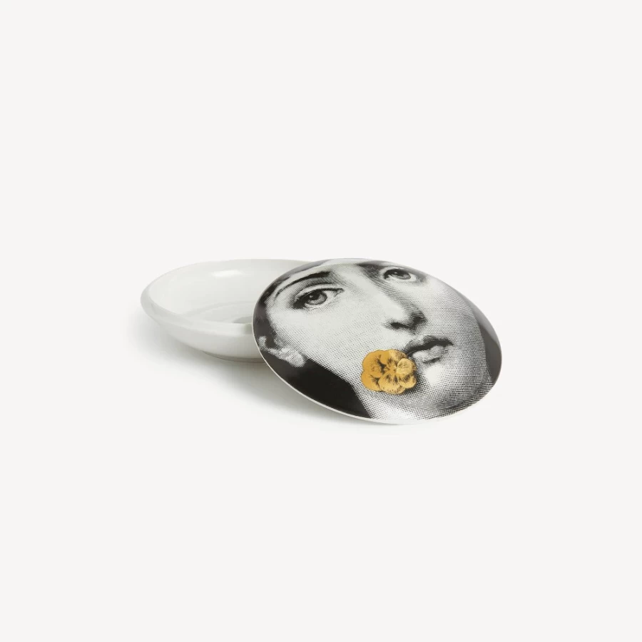 Fornasetti Round Box Tema E Variazioni N.137 in White, Black & Gold - Decorative Collectible Trinket