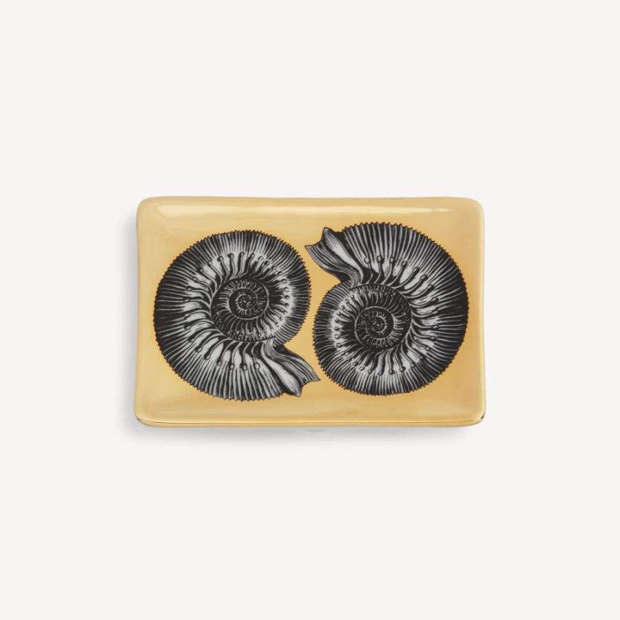 Fornasetti Rectangular Ashtray Giro Di Conchiglie in White, Black & Gold - Luxury Designer Home Decor
