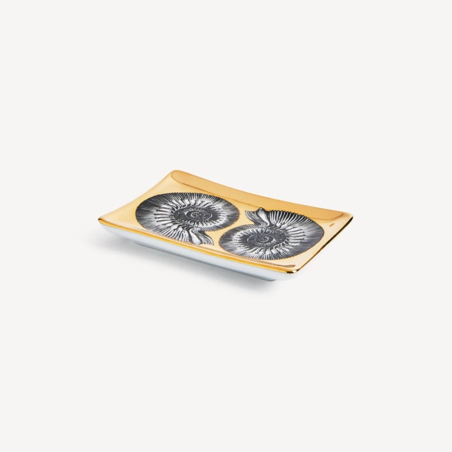 Fornasetti Rectangular Ashtray Giro Di Conchiglie in White, Black & Gold - Luxury Designer Home Decor