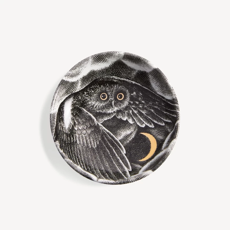 Fornasetti White Black Gold Civetta Nella Notte Porcelain Ashtray