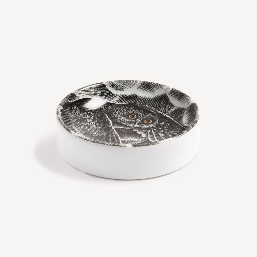 Fornasetti White Black Gold Civetta Nella Notte Porcelain Ashtray