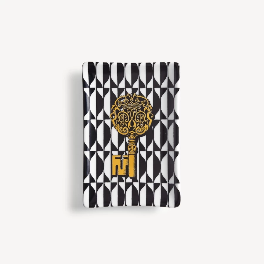 Fornasetti Rectangular Ashtray in White, Black & Gold - Chiavi & Losanghe Design