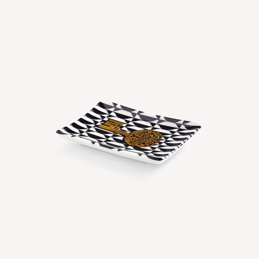 Fornasetti Rectangular Ashtray in White, Black & Gold - Chiavi & Losanghe Design