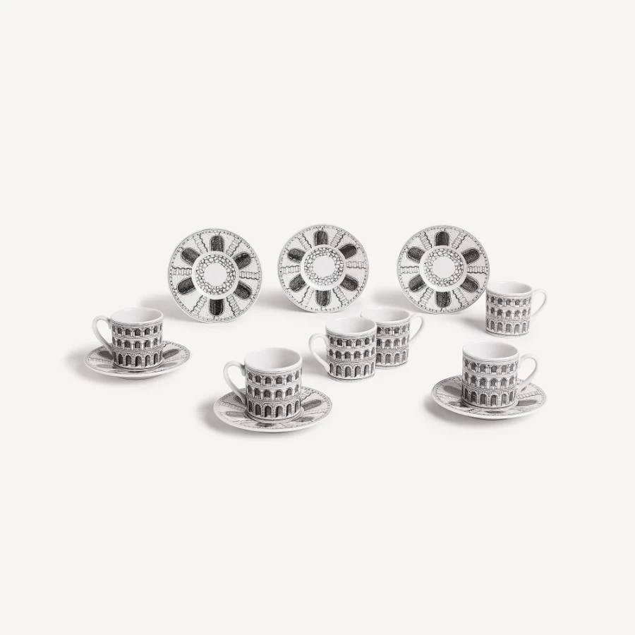 Fornasetti Architettura Set of 6 White and Black Coffee Cups