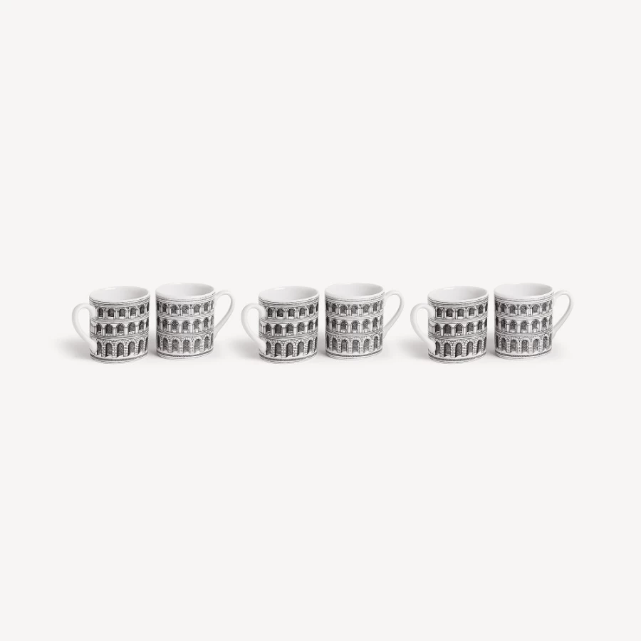 Fornasetti Architettura Set of 6 White and Black Coffee Cups