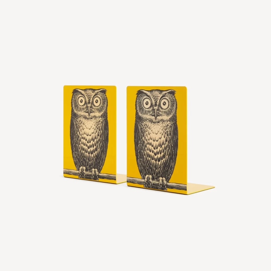 Fornasetti Bookends Civetta - Decorative Owl Design in White, Black & Yellow for Shelves & Desks
