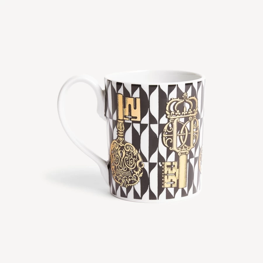Fornasetti White Black Gold Chiavi And Losanghe Decorative Ceramic Mug