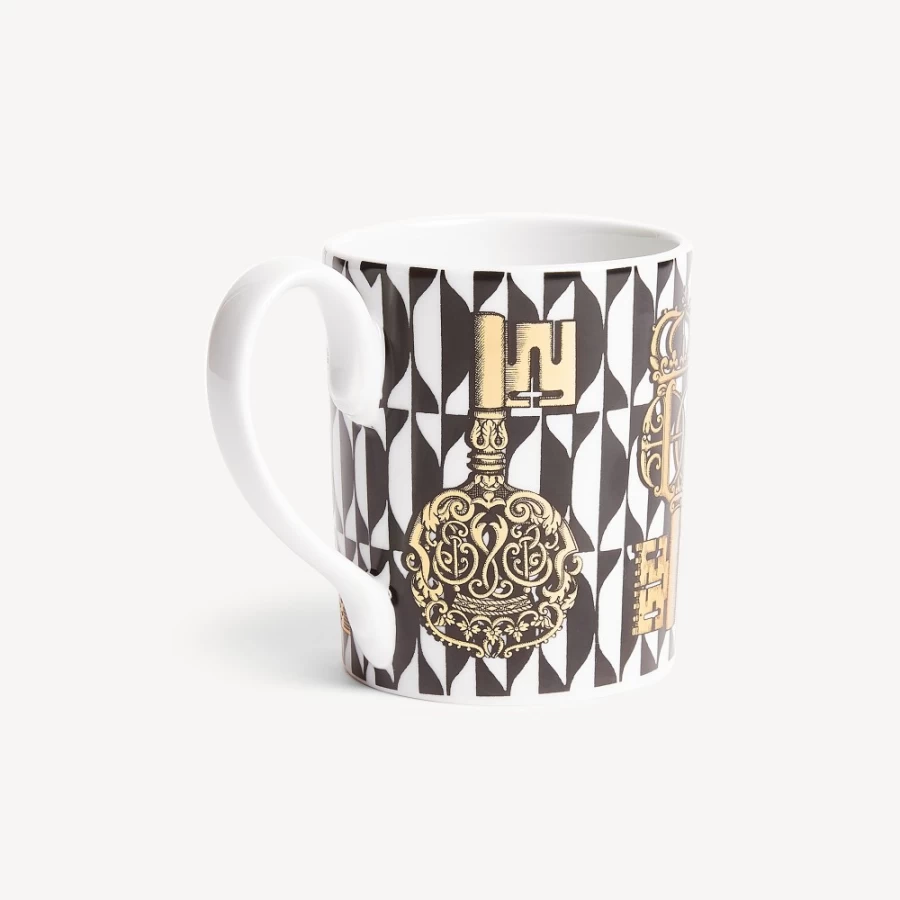 Fornasetti White Black Gold Chiavi And Losanghe Decorative Ceramic Mug