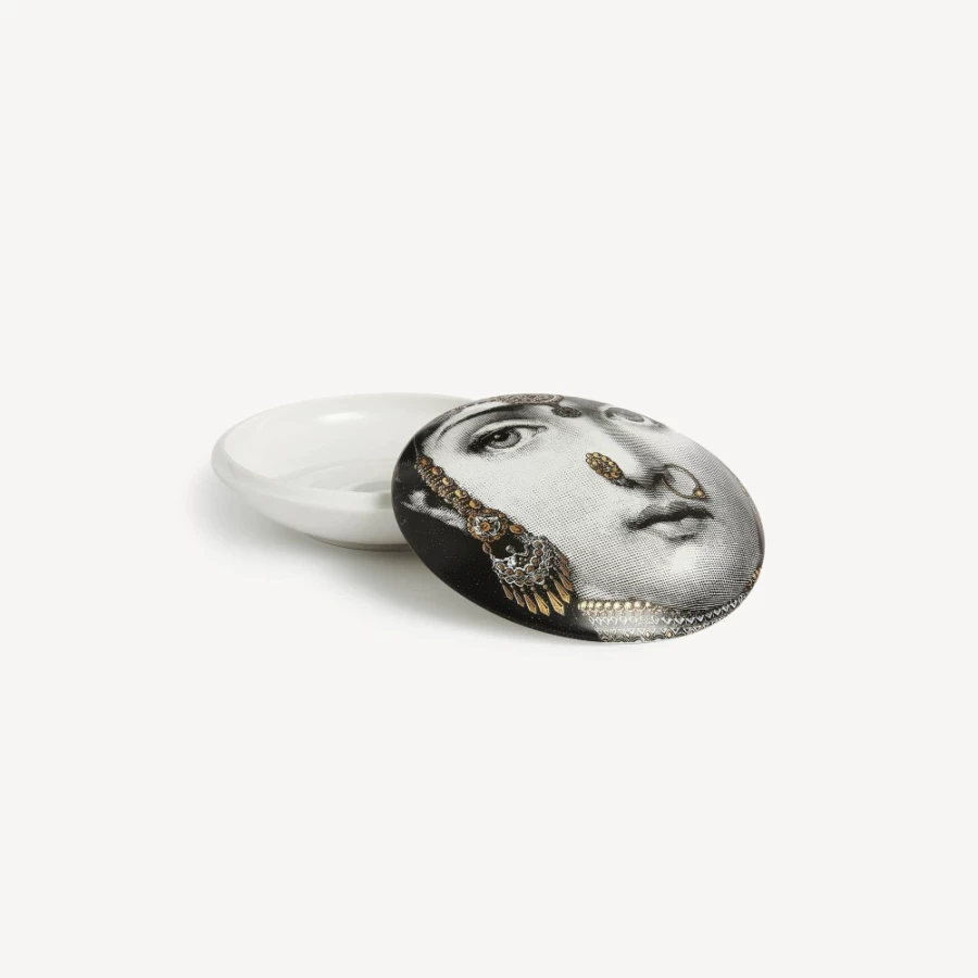 Fornasetti Round Box Tema E Variazioni N.228 in White, Black & Gold - Decorative Collectible Trinket