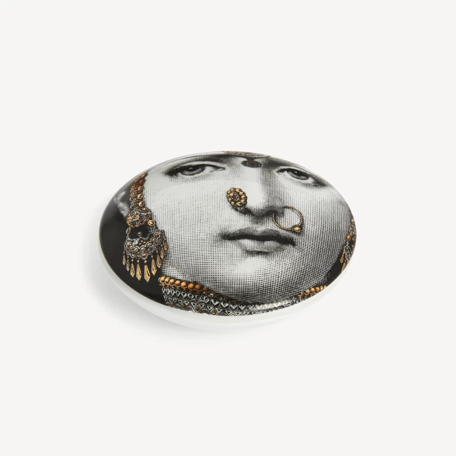 Fornasetti Round Box Tema E Variazioni N.228 in White, Black & Gold - Decorative Collectible Trinket