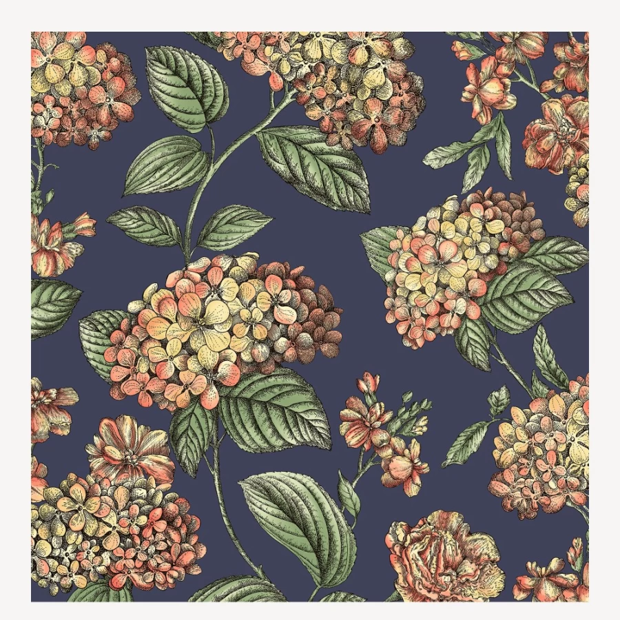 Fornasetti Coral On Dark Blue Ramo Di Ortensia Wallpaper