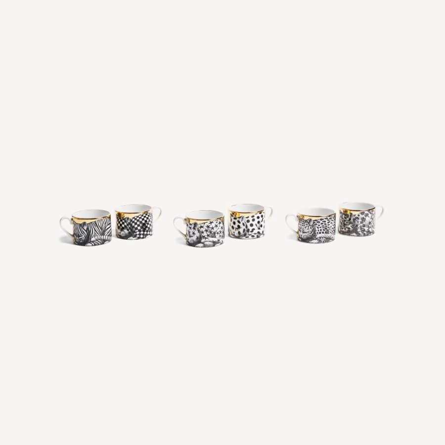 Fornasetti Set of 6 High-Fidelity Tea Cups in White, Black & Gold - Porcelain Collectibles