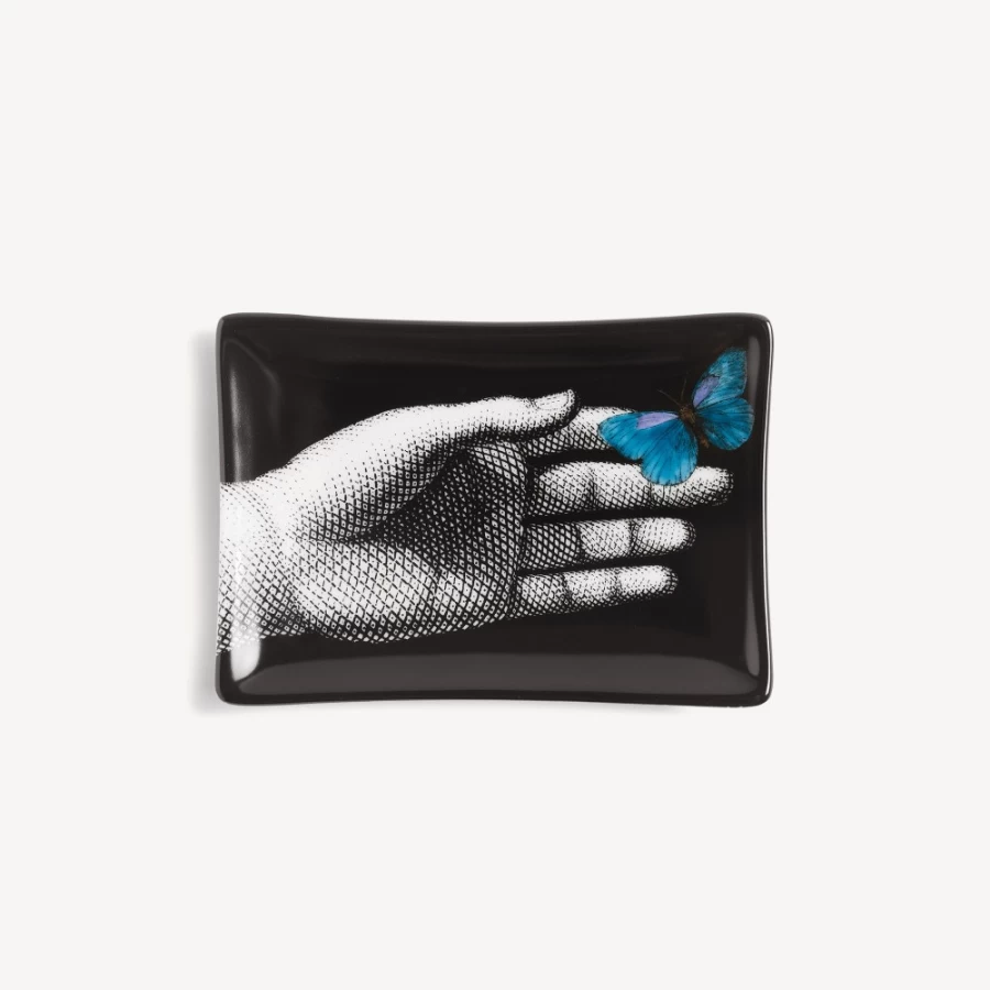 Fornasetti Mano Blue Butterfly Ashtray in White, Black & Light Blue