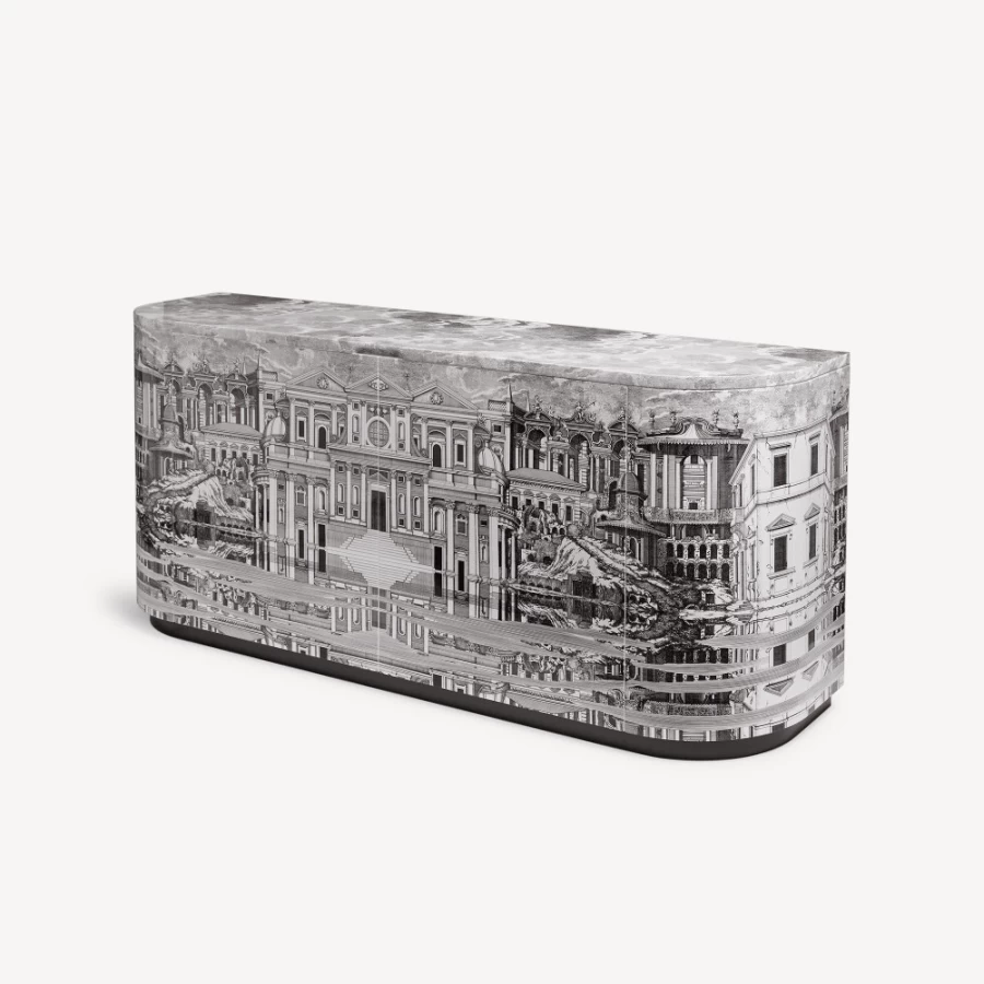 Fornasetti White and Black Buffet Citta Che Si Rispecchia Mirror Cabinet