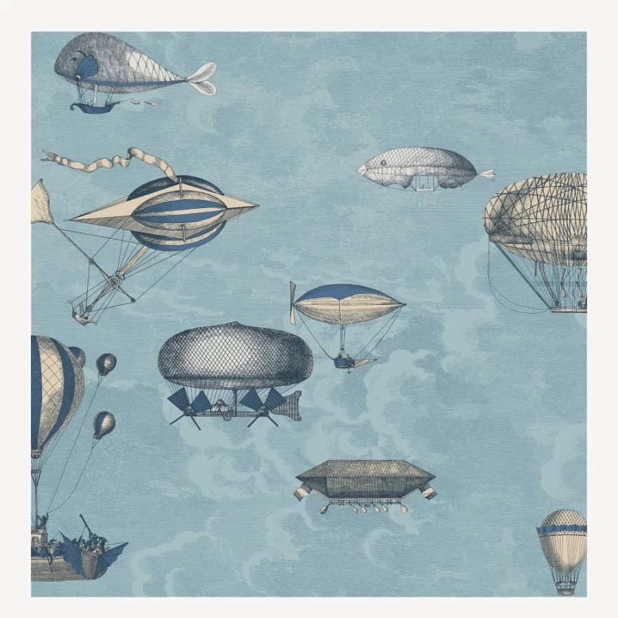 Fornasetti Wallpaper Macchine Volanti 2-Roll Set - Slate Blue & Silver Design