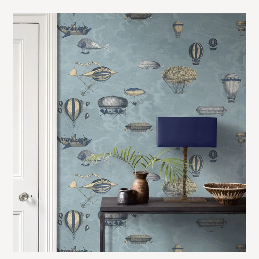 Fornasetti Wallpaper Macchine Volanti 2-Roll Set - Slate Blue & Silver Design