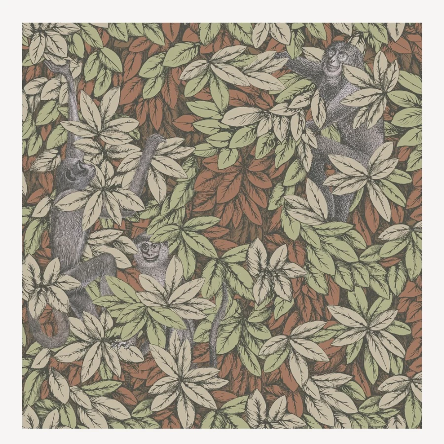 Fornasetti Olive & Orange Wallpaper with Leaves and Monkeys Design