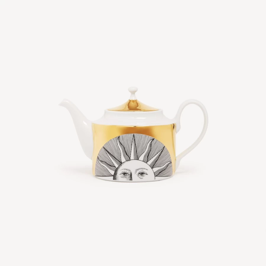 Fornasetti White Black Gold Teapot Soli - Decorative Ceramic Teapot