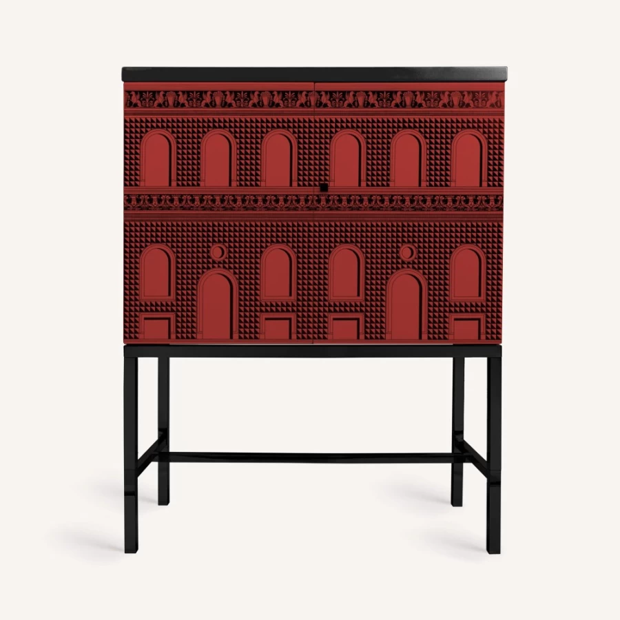 Fornasetti Facciata Quattrocentesca Raised Small Sideboard in Red and Black