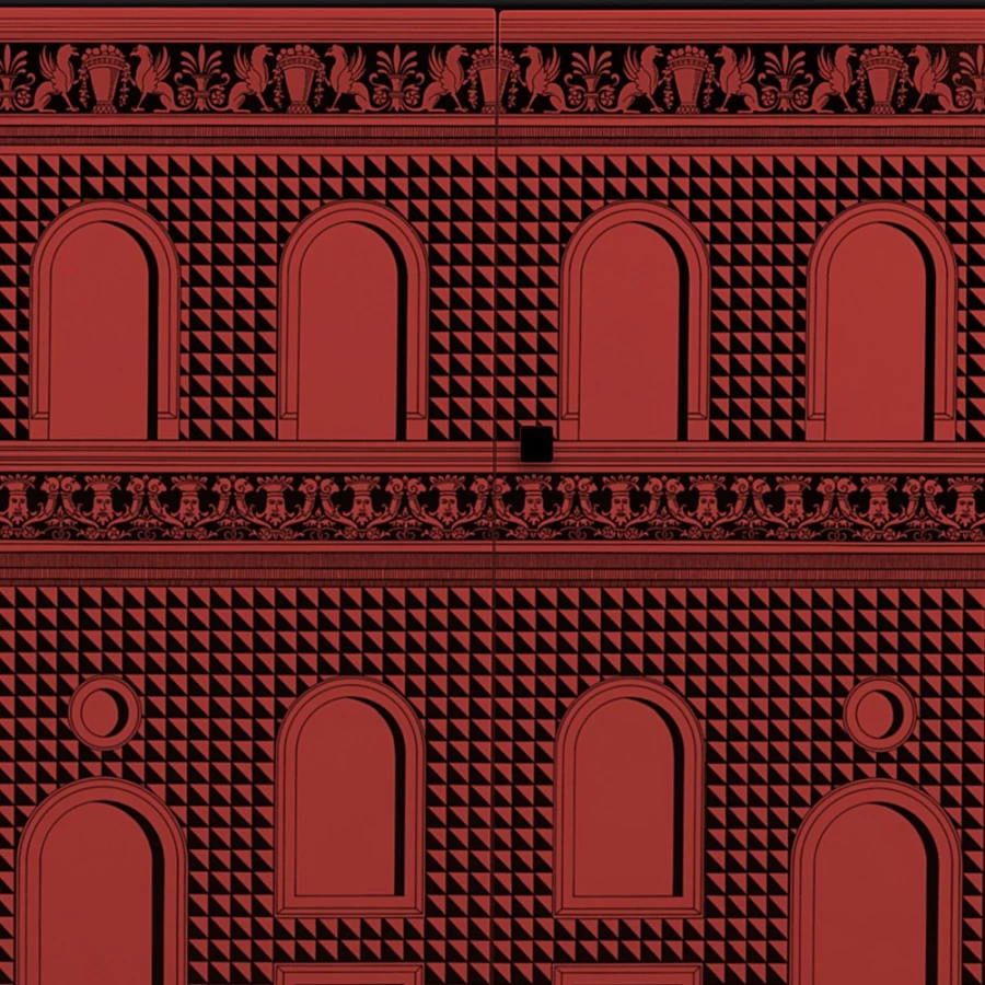 Fornasetti Facciata Quattrocentesca Raised Small Sideboard in Red and Black