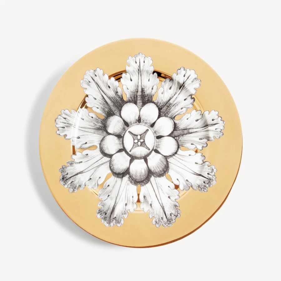 Fornasetti Rosone N.6 Decorative Rim Plate in White, Black & Gold - Classic Ceramic Collectible