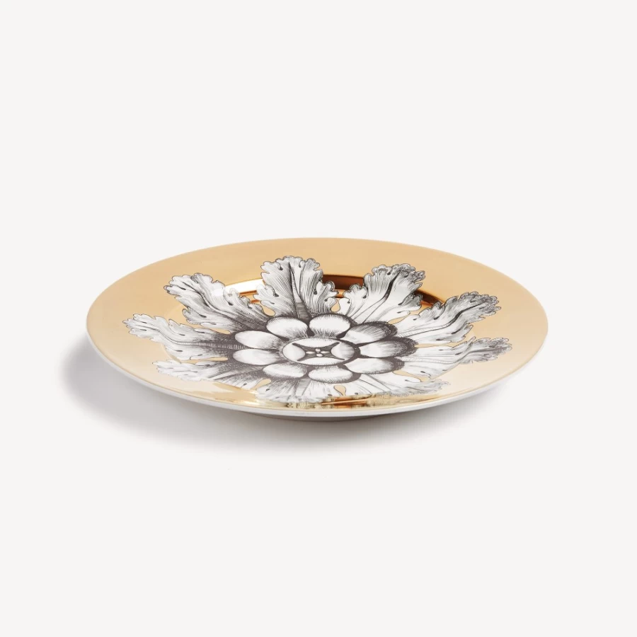 Fornasetti Rosone N.6 Decorative Rim Plate in White, Black & Gold - Classic Ceramic Collectible