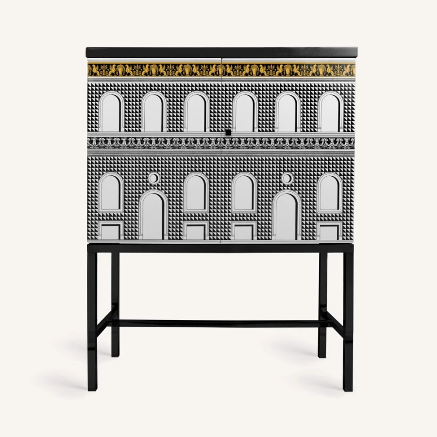 Fornasetti Facciata Quattrocentesca Raised Sideboard in White, Black, and Yellow