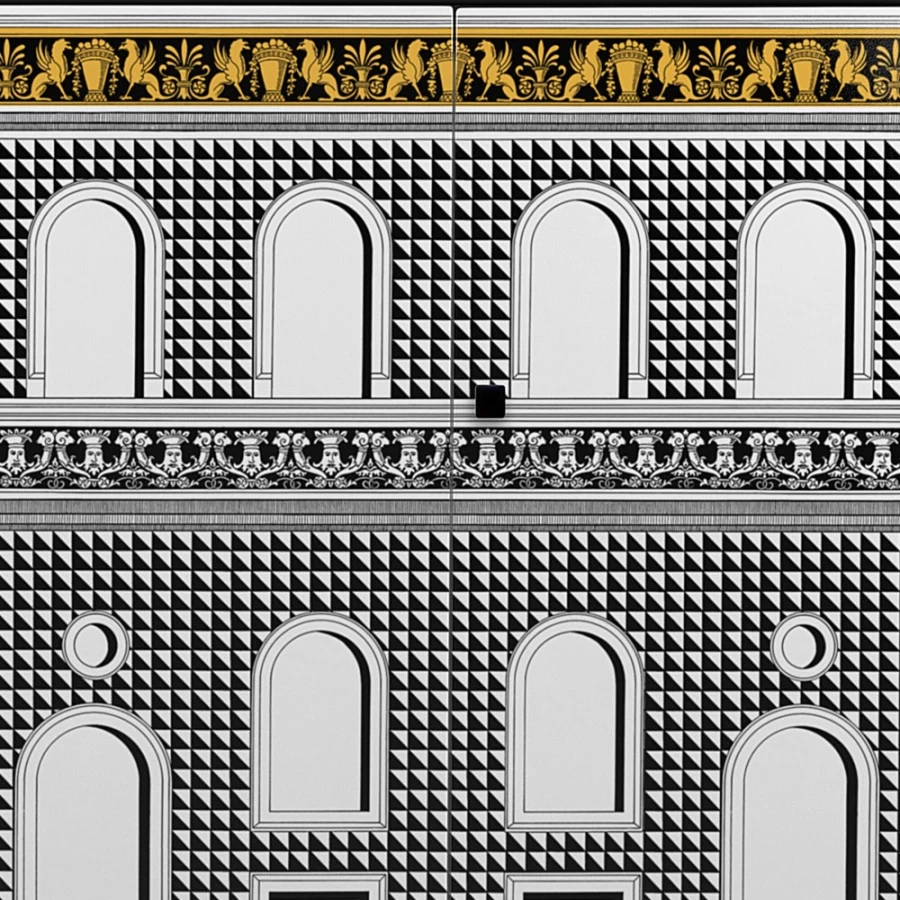 Fornasetti Facciata Quattrocentesca Raised Sideboard in White, Black, and Yellow