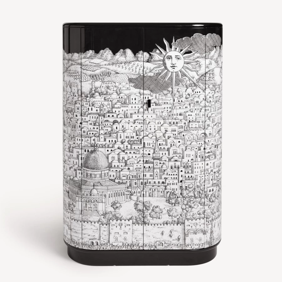Fornasetti Curved Cabinet Gerusalemme in White and Black - Handcrafted Italian Design