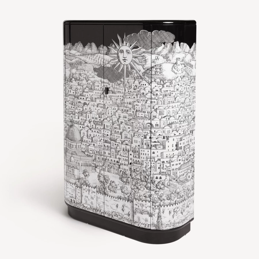 Fornasetti Curved Cabinet Gerusalemme in White and Black - Handcrafted Italian Design