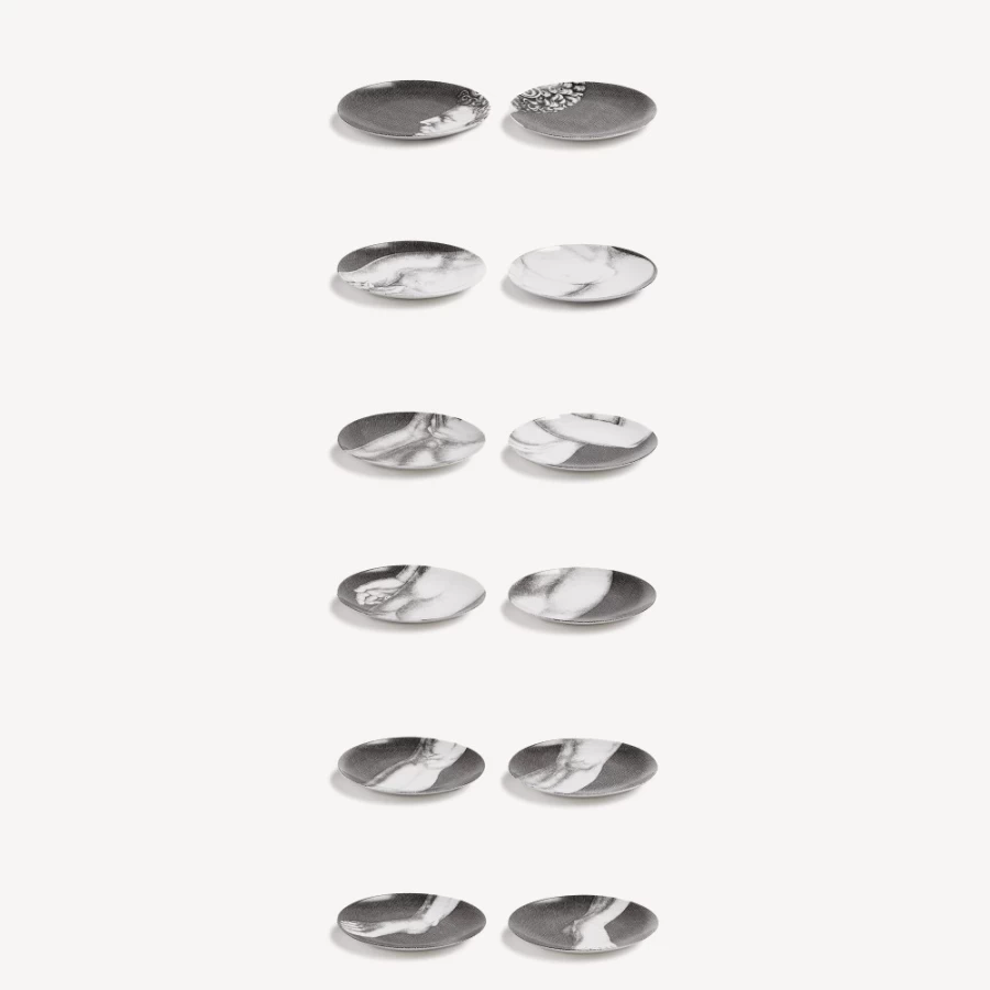 Fornasetti Adamo 12-Piece Plate Set in White & Black - Elegant Ceramic Dinnerware