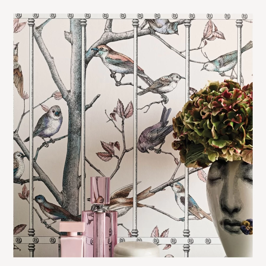 Fornasetti Wallpaper Uccelli in Ballet Slipper - Designer Bird Pattern Wallpaper