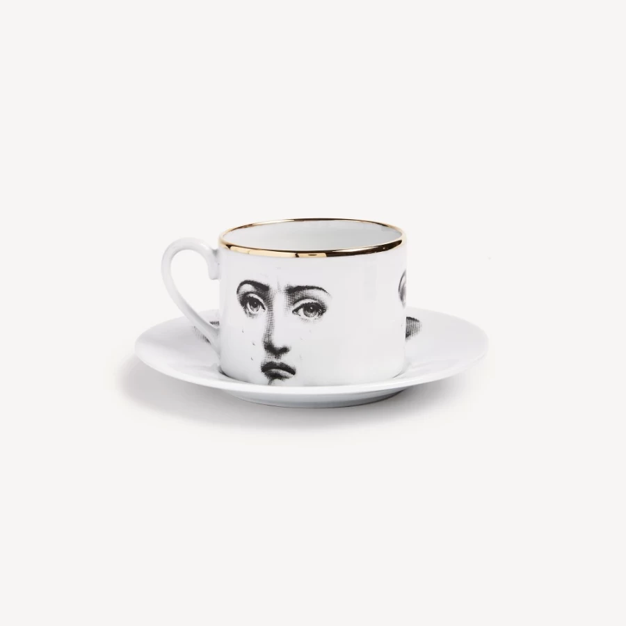 Fornasetti White Black Gold Tea Cup "Tema E Variazioni Il Fumo Fa Male" Porcelain Collectible