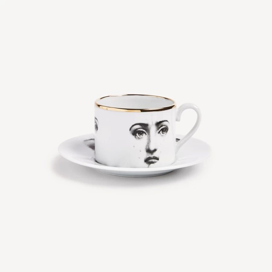 Fornasetti White Black Gold Tea Cup "Tema E Variazioni Il Fumo Fa Male" Porcelain Collectible