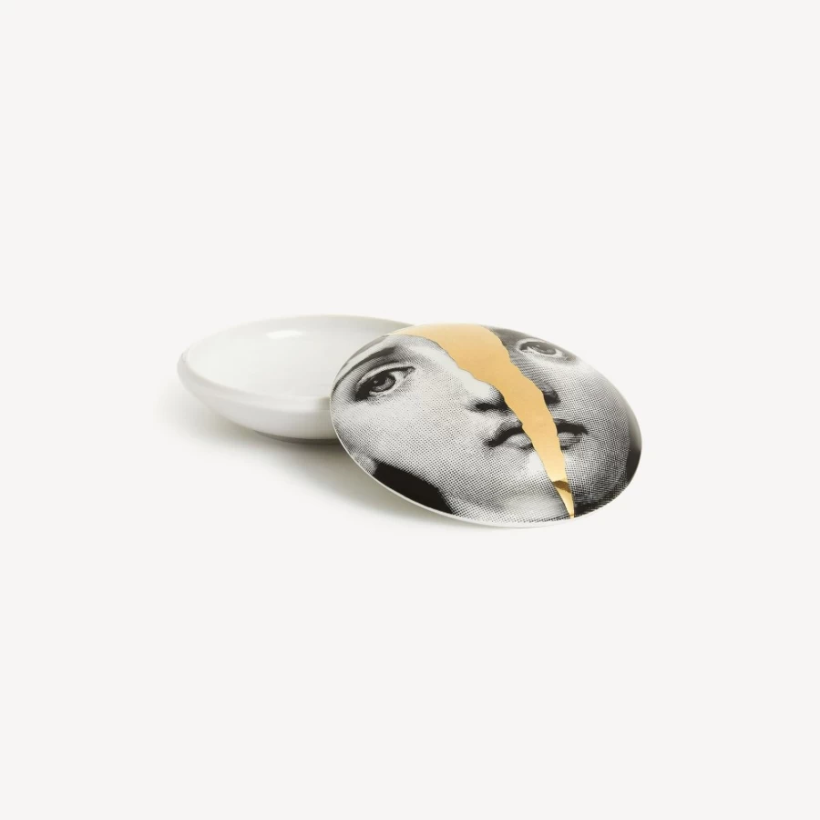 Fornasetti Round Box Tema E Variazioni N.10 in White, Black & Gold - Decorative Collectible Trinket Box