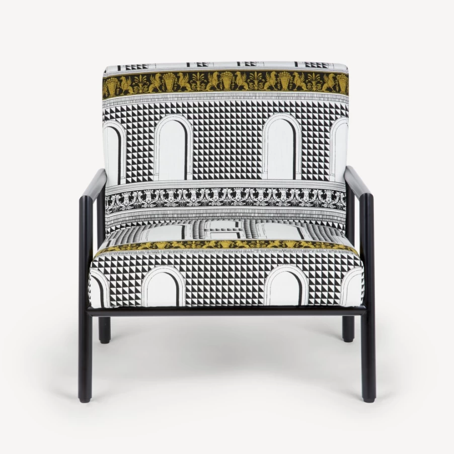 Fornasetti Facciata Quattrocentesca Outdoor Armchair in White, Black, and Yellow - Modern Garden Furniture