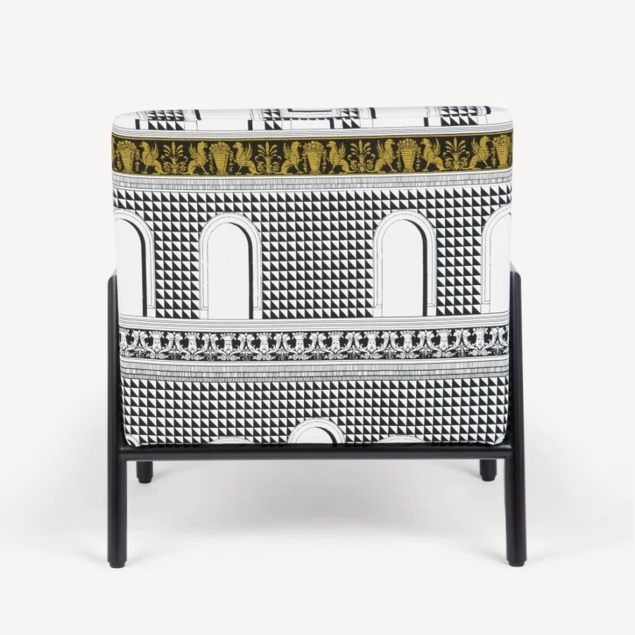 Fornasetti Facciata Quattrocentesca Outdoor Armchair in White, Black, and Yellow - Modern Garden Furniture