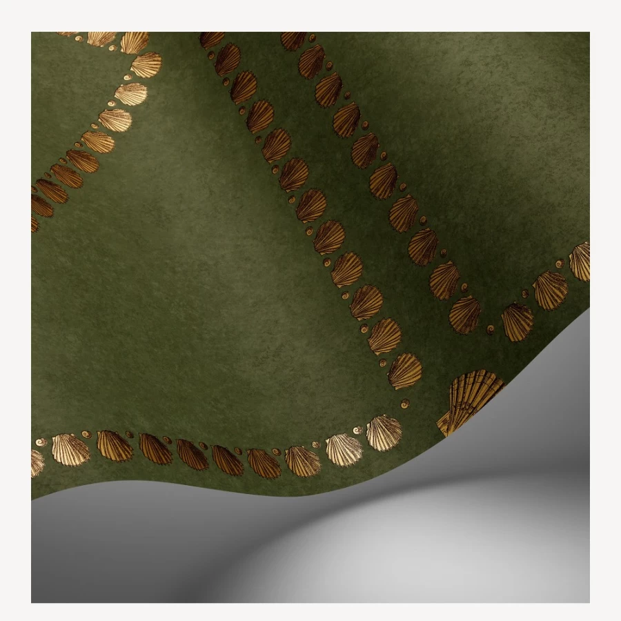Fornasetti Conchiglie Wallpaper in Antique Gold On Ivy - Luxury Italian Design