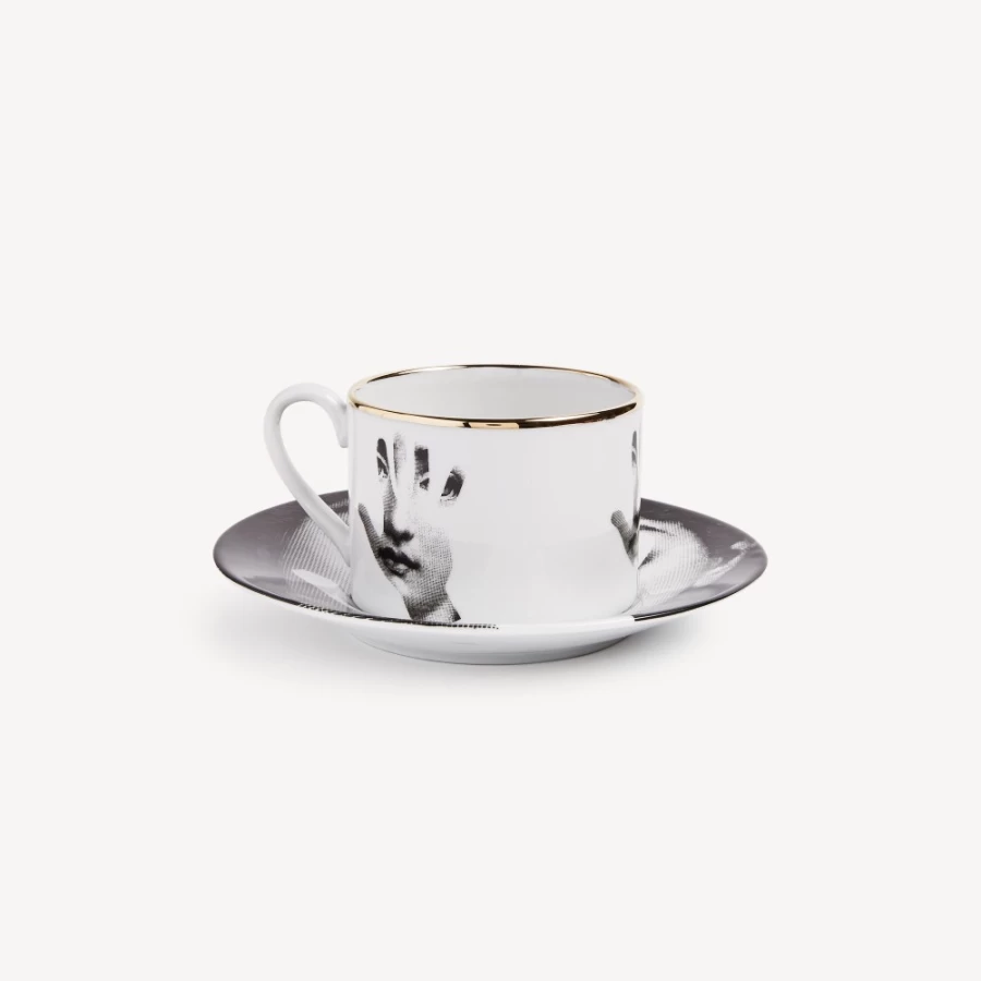 Fornasetti Tea Cup Tema E Variazioni Mano - White, Black & Gold Ceramic Collectible