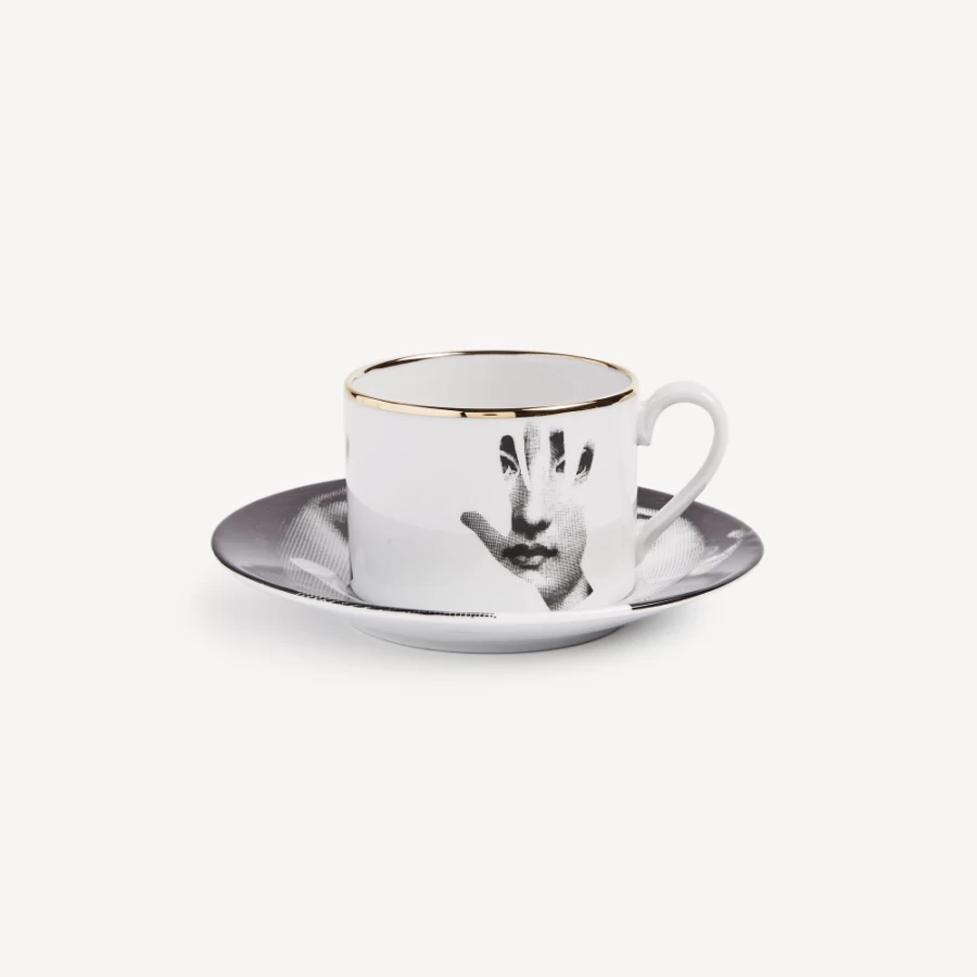 Fornasetti Tea Cup Tema E Variazioni Mano - White, Black & Gold Ceramic Collectible
